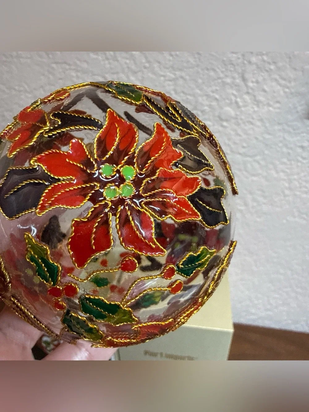 Pier 1 Cloisonné Round Ball Glass Poinsetta 2D Ornament With Box retired